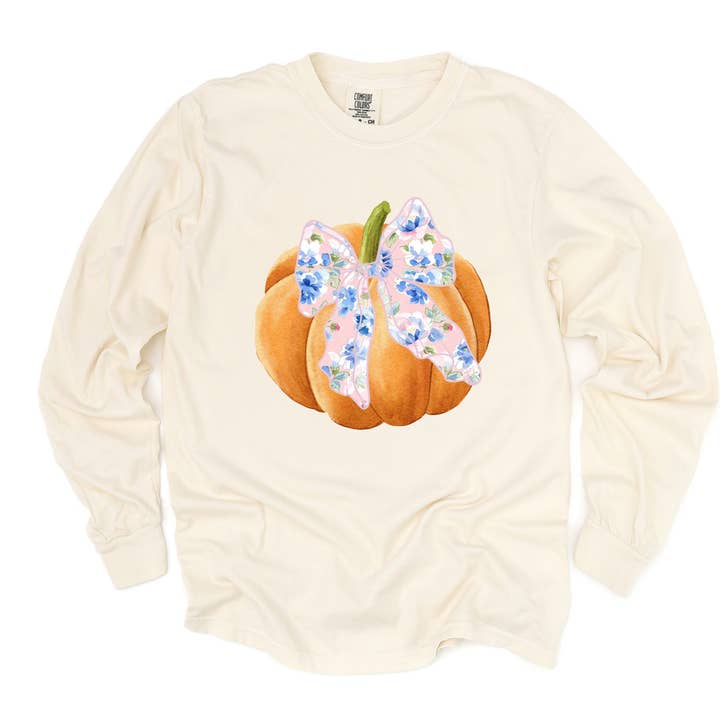 Pumpkin and Floral Bow Comfort Colors Long Sleeve Tee  for wholesale by The Luna T Company