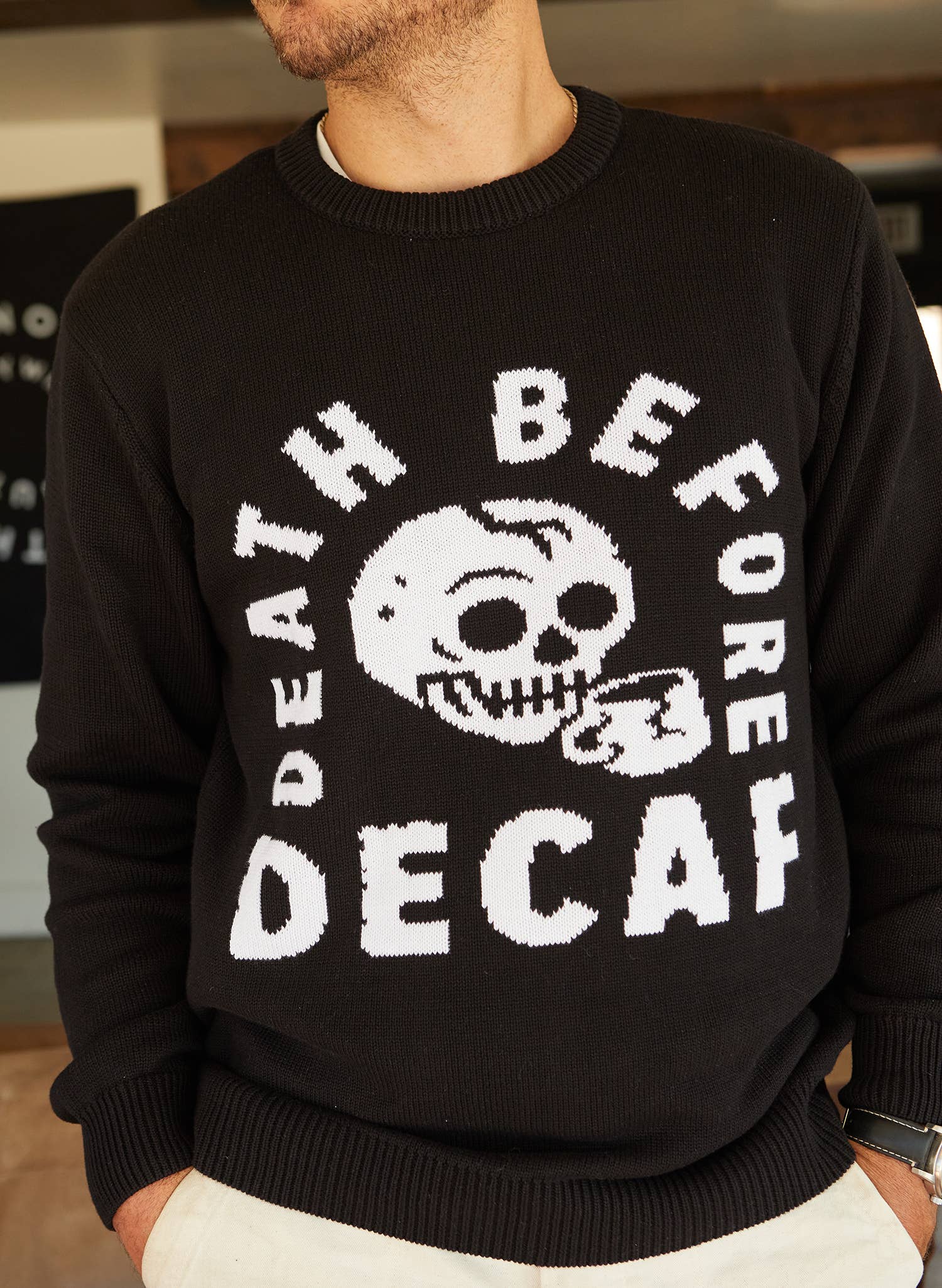 Pyknic - Wholesale Knit Sweater - Unisex - Death Before Decaf Coffee Knit Pullover Sweater2
