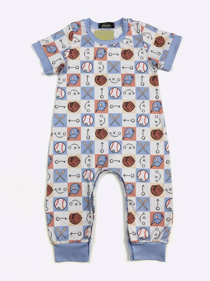 Checkered Baseball Boy Romper for wholesale by Clover Cottage