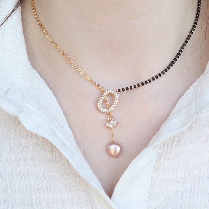 Half Black Bead Gold plated Oval Pearl Y shape Lariat Mangalsutra for wholesale by The Colourful Aura