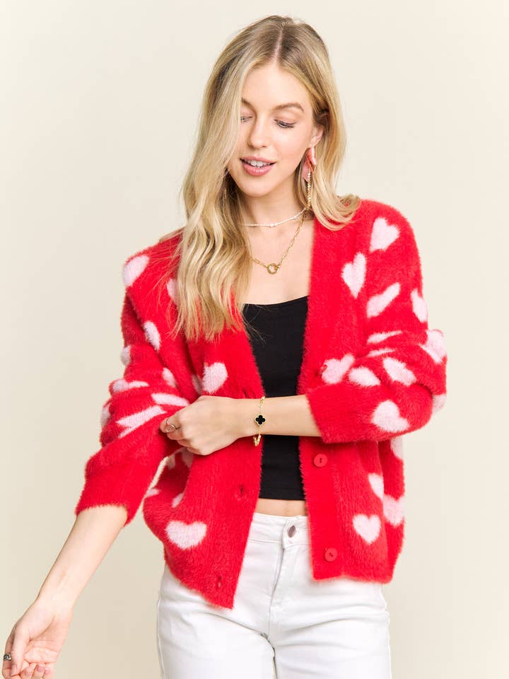 LOVELY HEART FUZZY SWEATER CARDIGAN - CESW3423 for wholesale by ADORA LA