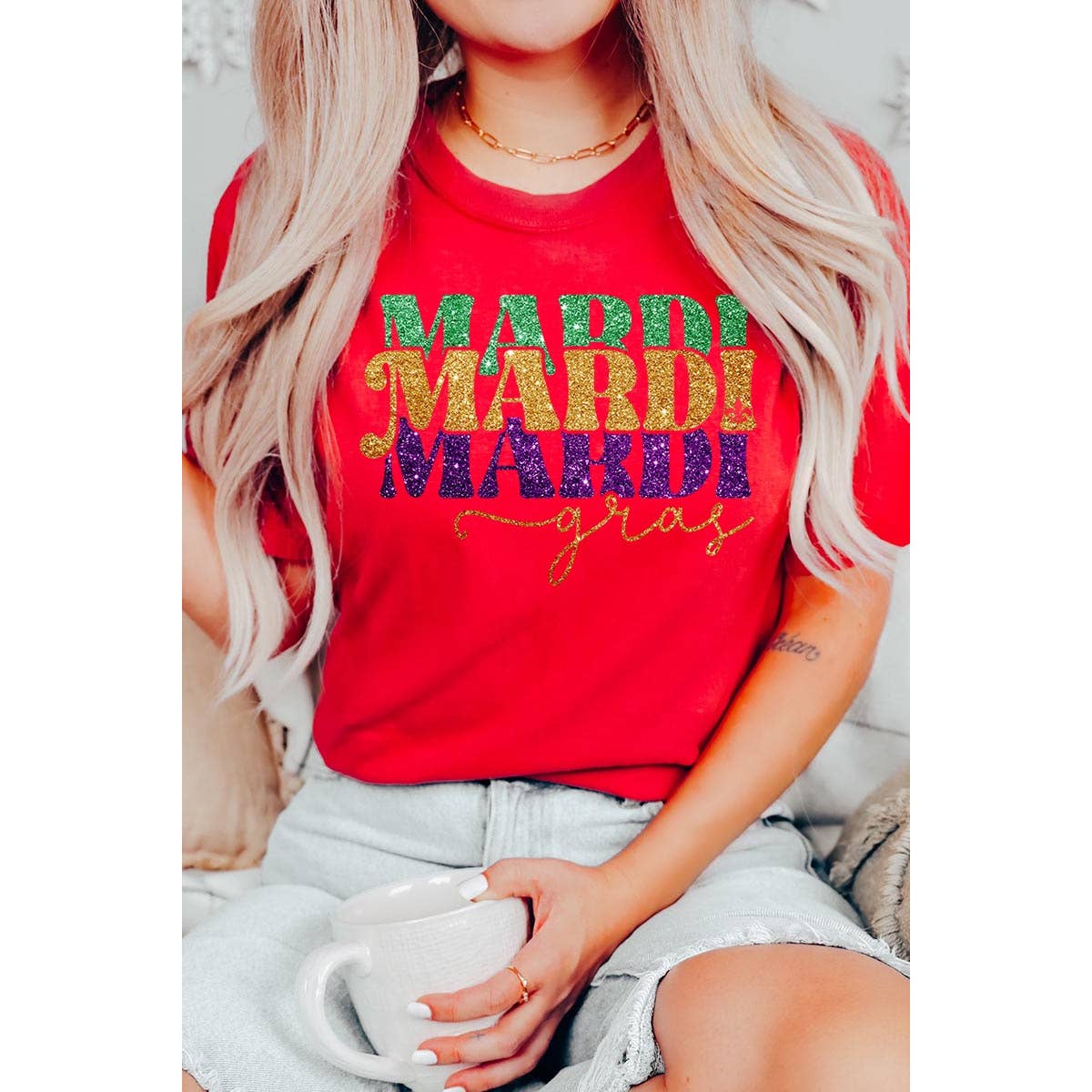 COLORBEAR - Wholesale Screen Printed T-Shirt - Women's - MARDI GRAS,FAUX GLITTER UNISEX SHORT SLEEVE,GRAPHIC12