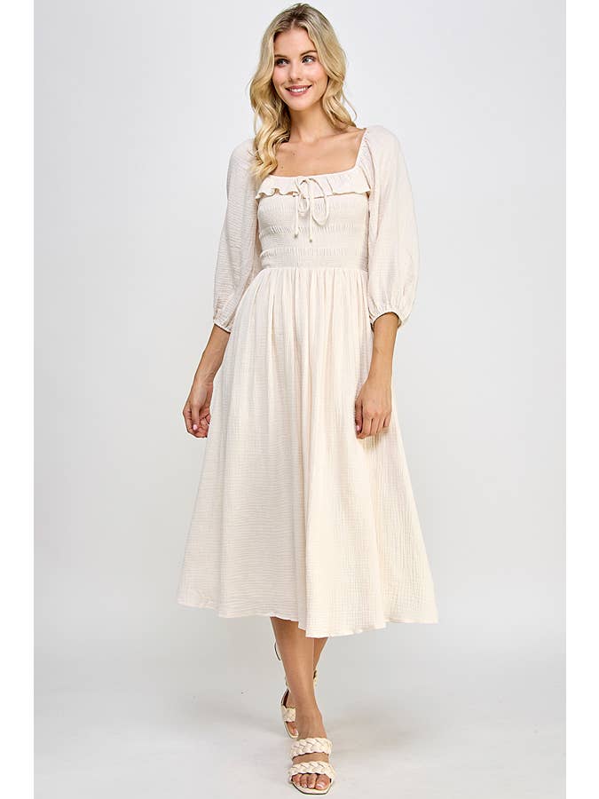 Million Colors - Wholesale Dress - Women's - Juliet Midi Dress 3/4 Sleeves Smocked Ruffles Elastic Cuffs