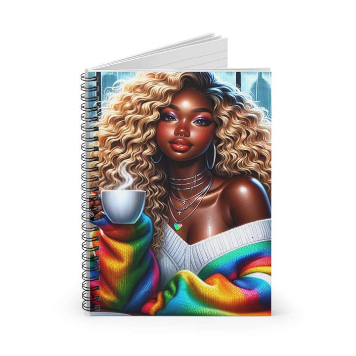 Coffee Time Spiral Notebook - Ruled Line, African American Women Notebook, for wholesale by Naomi's Happy Place Shop
