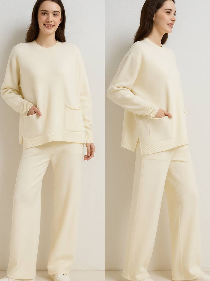 MAGLIONE BASE IN MAGLIA PREMIUM CON TASCHE FRONTALI ABBINATO A PA per la vendita all'ingrosso da parte di Lucy Sparks