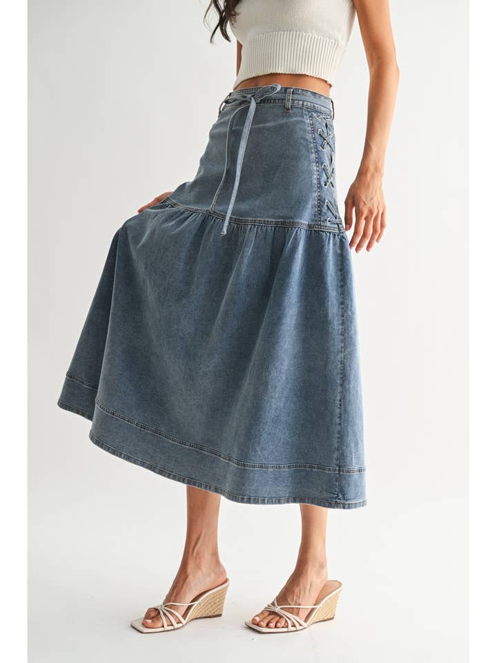 DENIM MIDI SKIRT WITH LACE-UP DETAIL for wholesale by Camellia