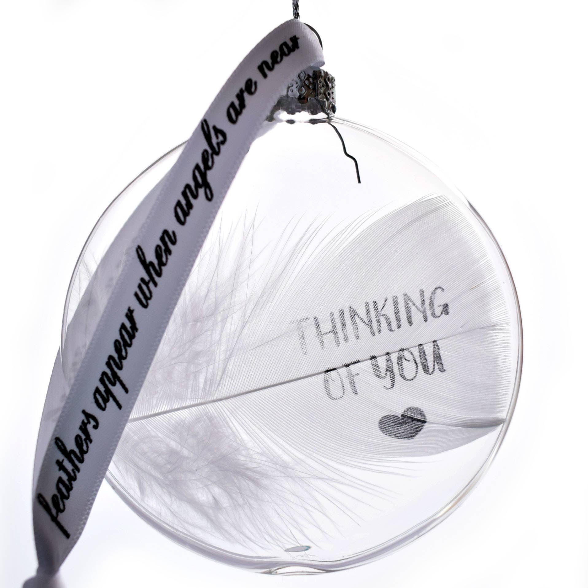 Amaya Rose Ltd. - Wholesale Ornament - THINKING OF YOU Bauble Glass Round. Real White Feather1