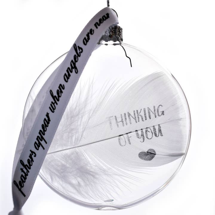 Amaya Rose Ltd. - Wholesale Ornament - THINKING OF YOU Bauble Glass Round. Real White Feather1