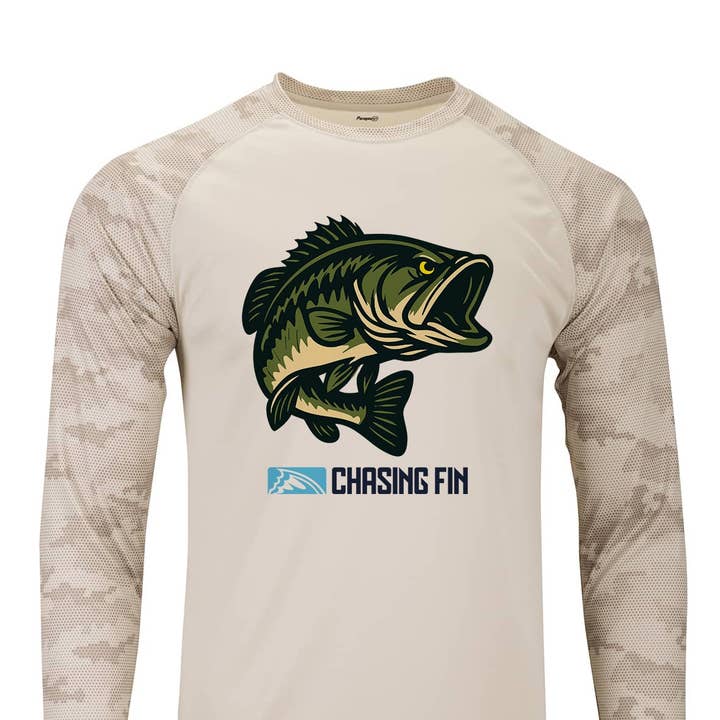 "Hooked on Bass" Pro Fin Performance Camo Long Sleeve Shirt for wholesale by Chasing Fin
