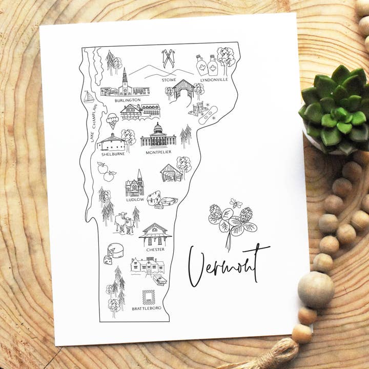 Skisstryck av Vermont - karta och intressanta platser för wholesale av Simply Sketch Studio