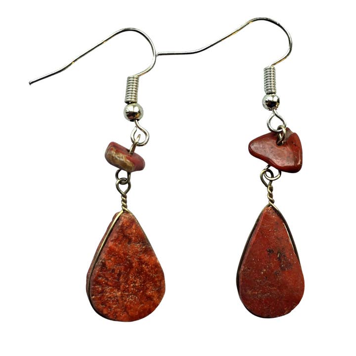 Brown Jasper teardrop stone and silver wire earrings - Made by Peruvian Amazon Artisan for wholesale by Amazon Ecology