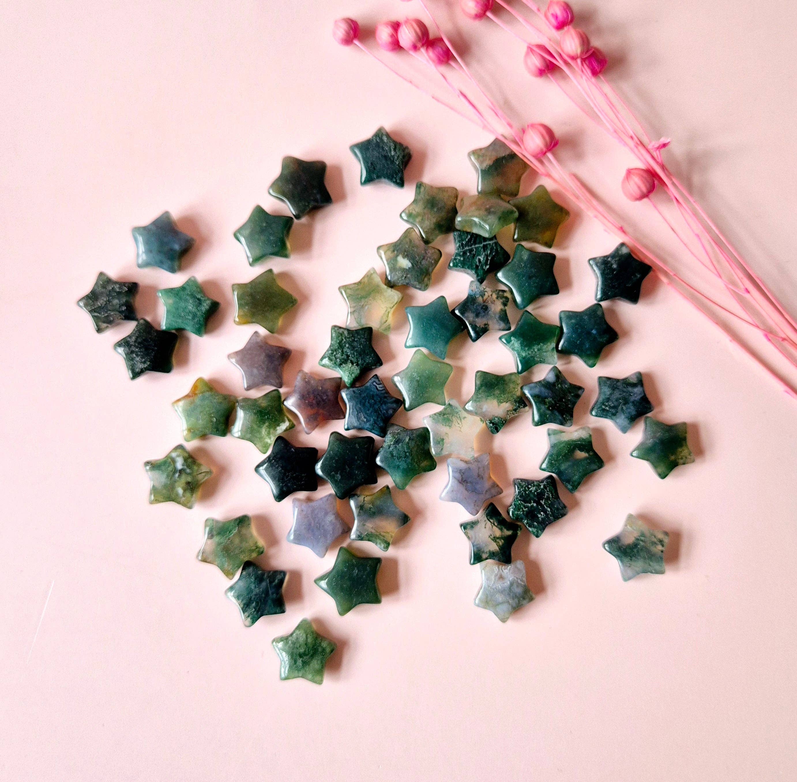 Moonlight Gemstones – Pedra/cristal espiritual por atacado – Mini estrela de ágata musgosa (1,5 cm) ideal para confete de cristais1