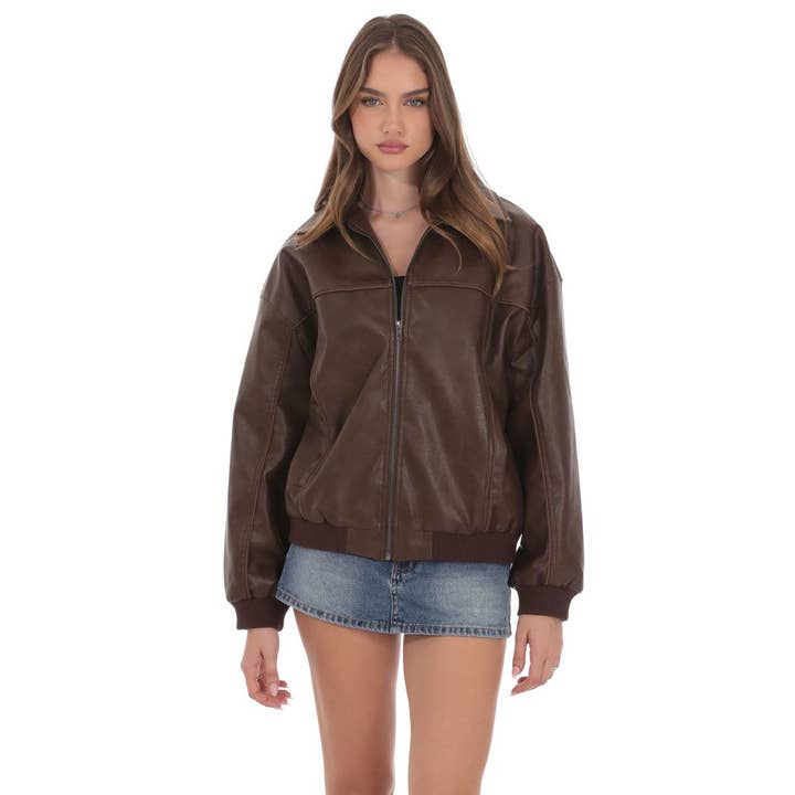 Lucy In The Sky - Wholesale Dress - Women's - Faux Leather Bomber in Brown