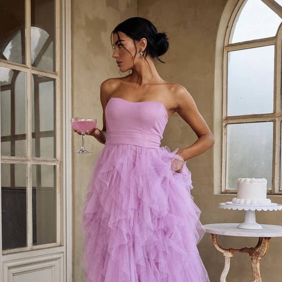 STRAPLESS TULLE MAXI DRESS / SLIDM9082SP for wholesale by One and Only Collective