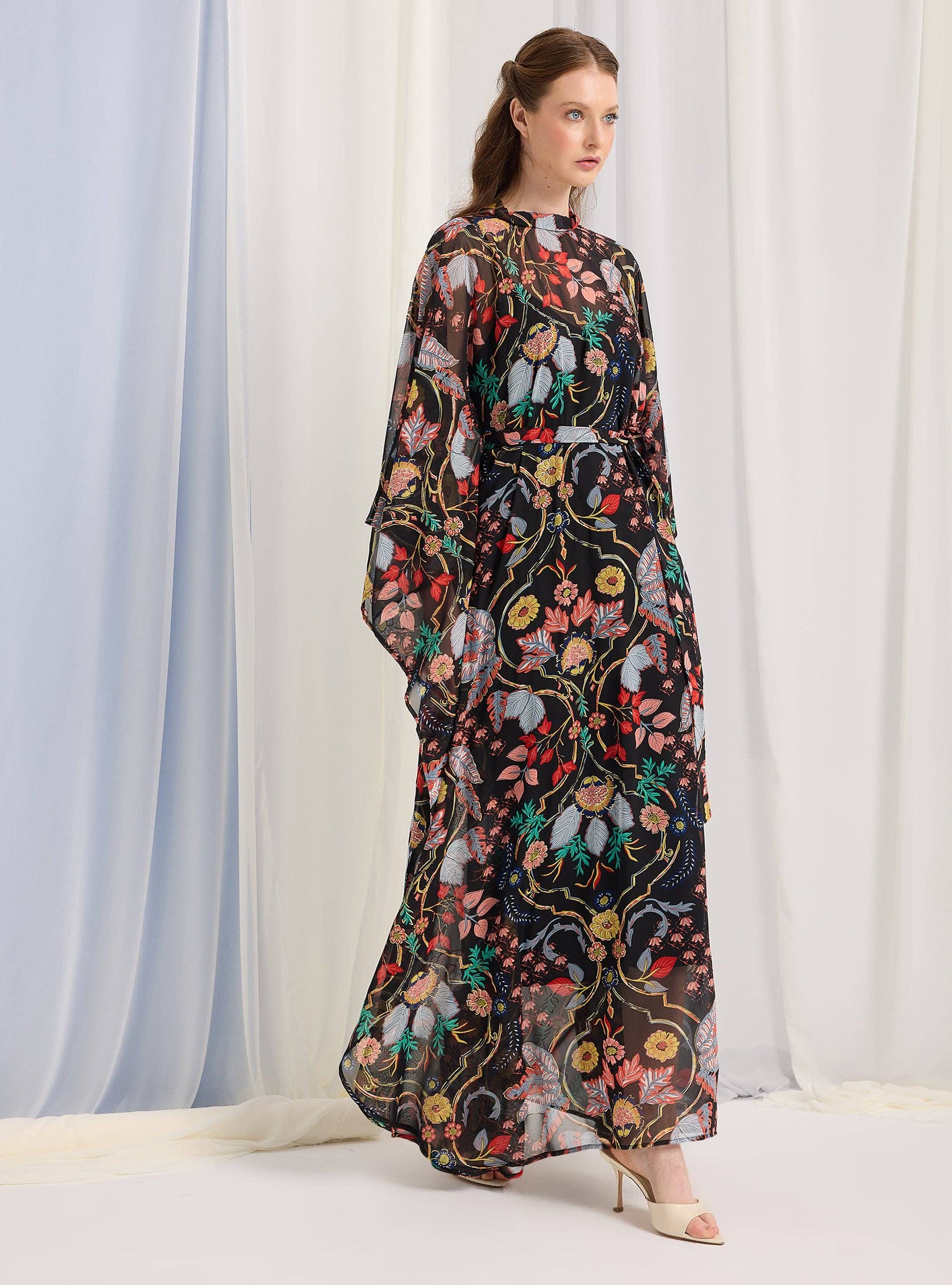 Store WF – wholesale Kaftan – Women's – Black Printed Gold Lurex Belted Kaftan Dress2