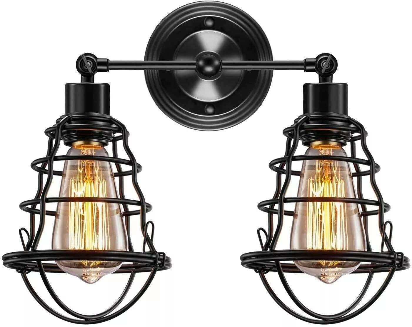 Ledsone – wholesale Sconce – LEDSONE Industrial Double Wall Sconce Light Fixture Vintage Style Black Finish with Balloon Cage Shades Wall Mount Lighting for Living Room, Bedroom, Hallway, Bathroom0