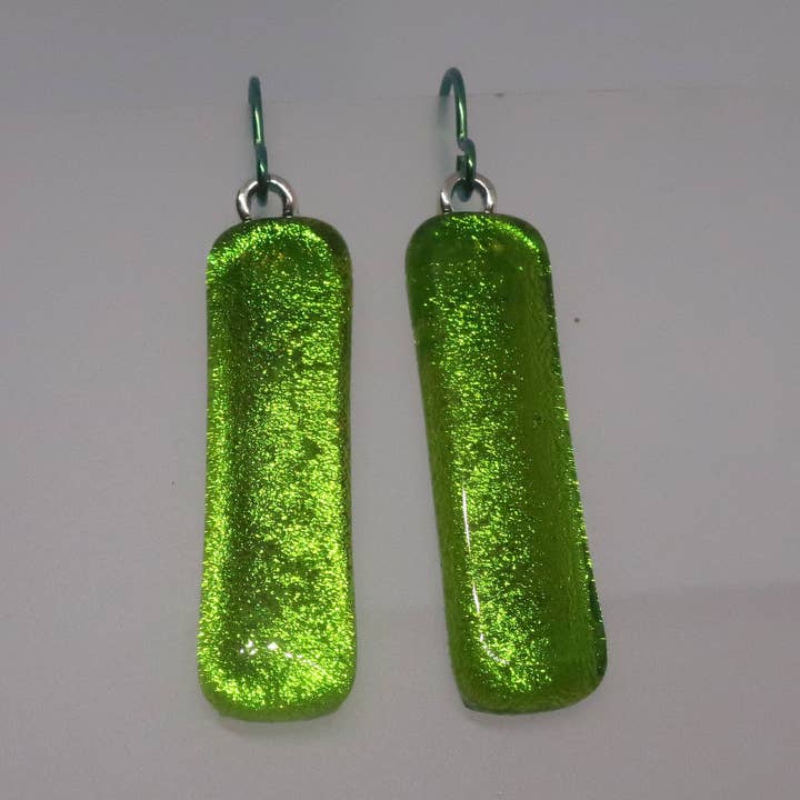 2" long Chartreuse Fused dichroic glass Niobium earrings for wholesale by McCray Studios
