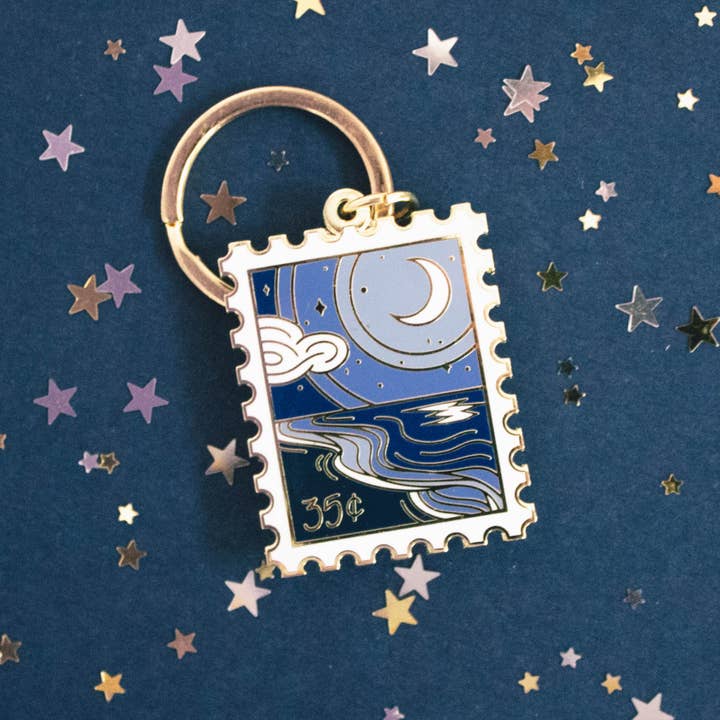 Serene Shore Postage Stamp Keychain for wholesale by Sablewood Paper Company