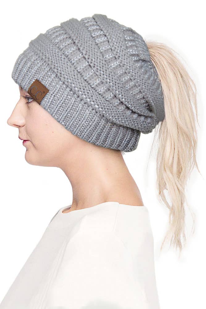 Hana – wholesale Beanie – Women's – C.C Metallic Messy Bun Ponytail Beanie7