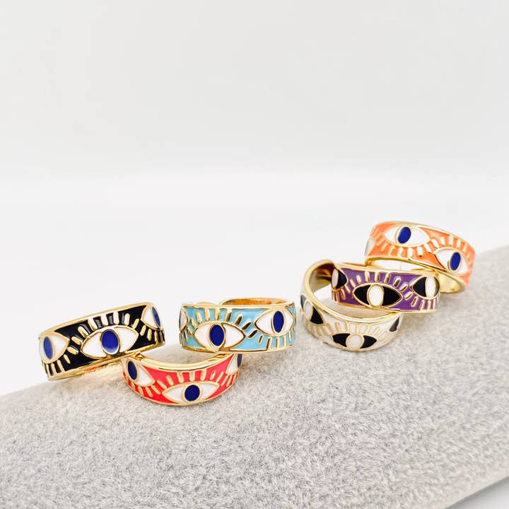 Mio Queena - Wholesale Cocktail/Statement Ring - Enamel Gold-Plated Evil Eye Ring5