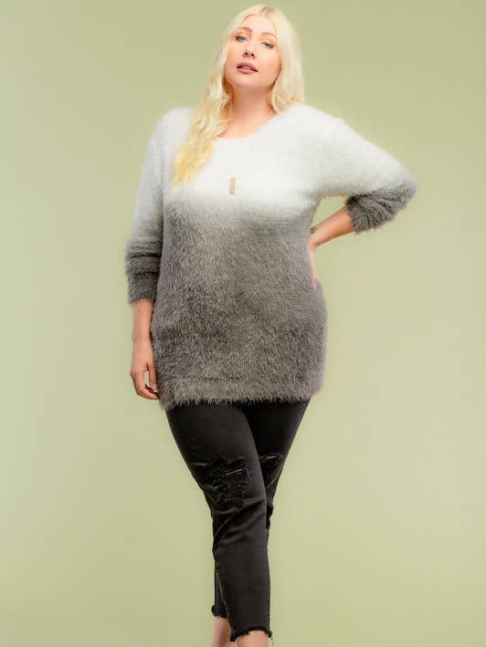 Doe and Rae - Wholesale Tunic Sweater - Women's - Dip Dye Plus Furry Sweater - 8346TPL
