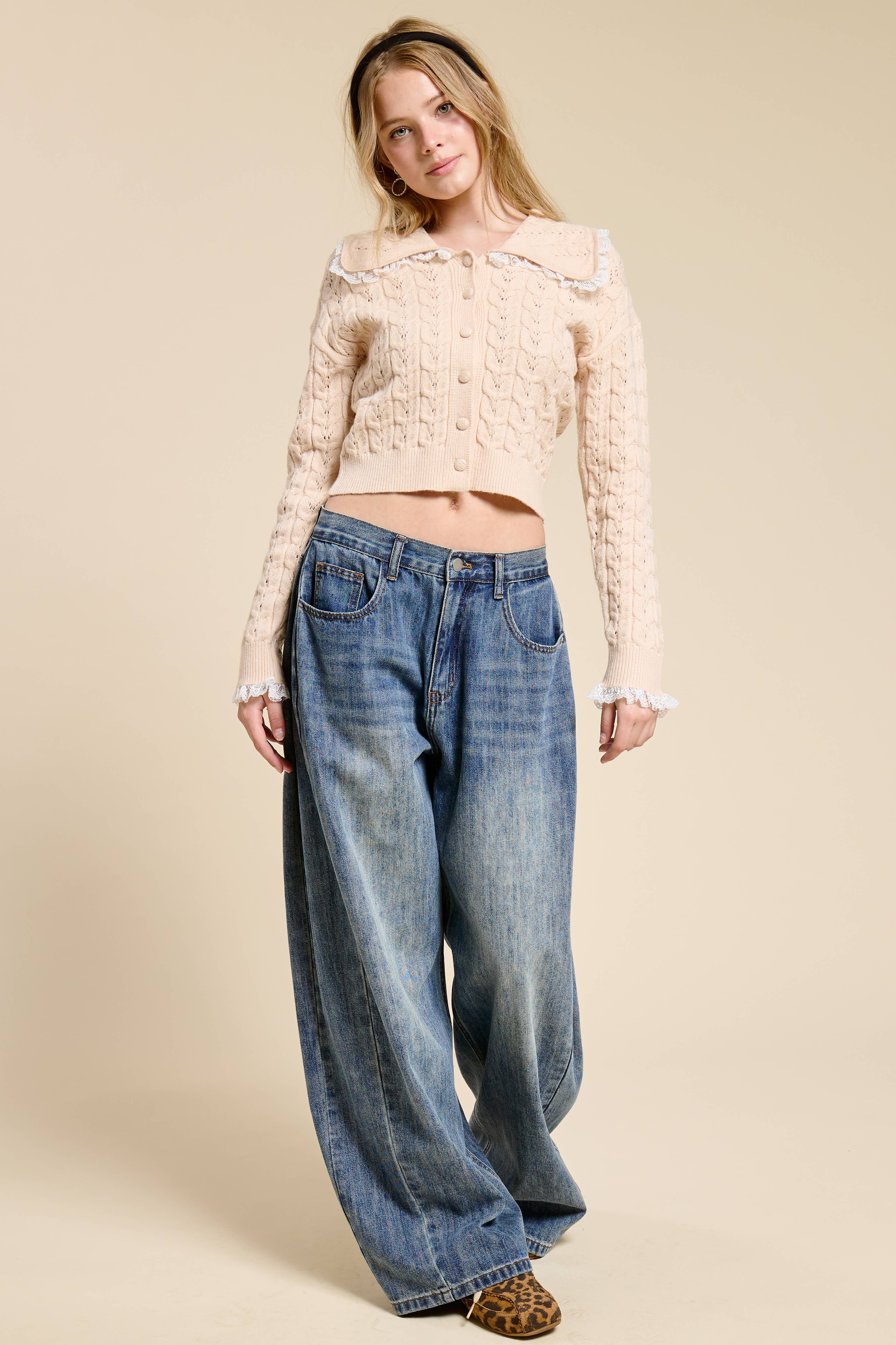 Mimosa - Wholesale Cardigan - Women's - Lace Trim Collar Cable Knit Cardigan10