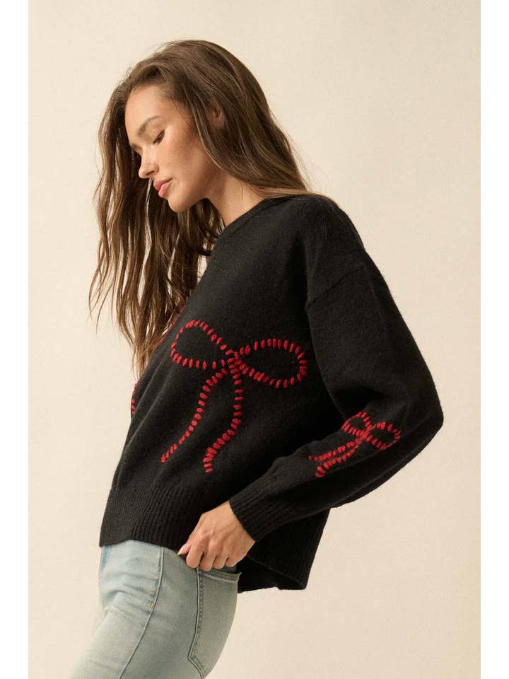 Promesa USA - Wholesale Knit Sweater - Women's - Solid Bow-Embroidered Bubble-Sleeve Sweater12