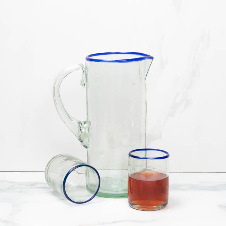 Sobremesa - Wholesale Pitcher - Blue Rim Glass Pitcher with Handle, Recycled Clear Glass Jug1