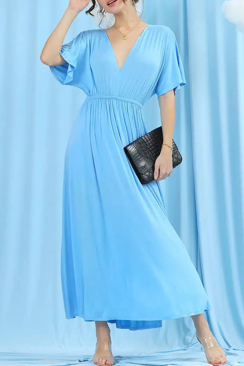 ACCITY - Wholesale Dress - Women's - V-Neck Short Sleeve Back Bow Empire Dress25