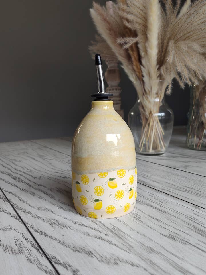 Lemon Print Ceramic Oil Dispenser – Handmade for wholesale by Rise and Design Art Studio