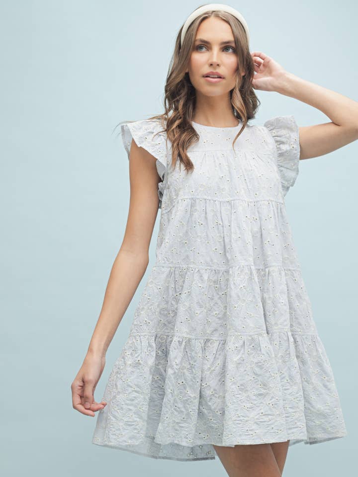EYELET RUFFLE SLEEVE MINI DRESS / WL25-10364 for wholesale by Wishlist Apparel