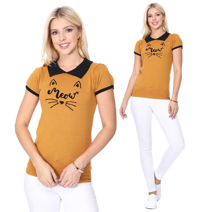 Meow Cat Collar Short Sleeve Pullover Sweater MK3591MEOW for wholesale by Mak