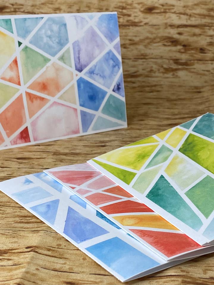 Abstract Watercolor Cards, Colorful Blank Cards Set Of 5 for wholesale by Lone Fir Artisans