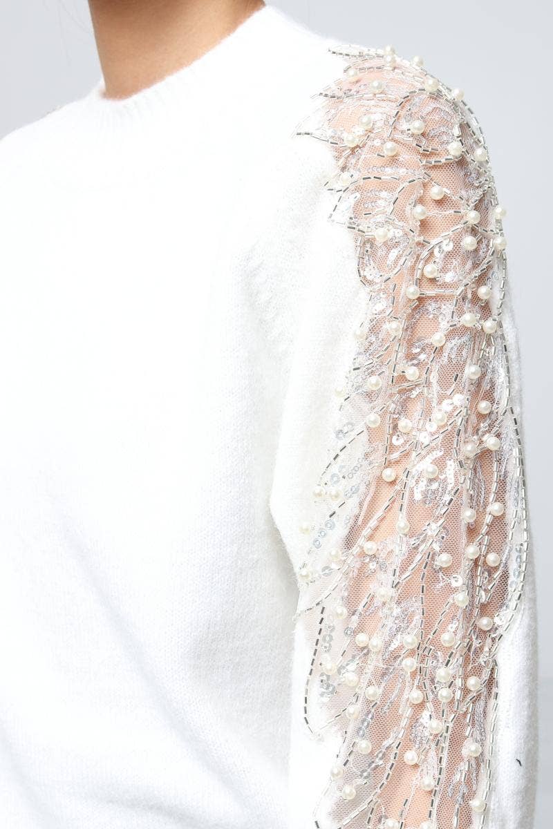 DIX-ONZE - Wholesale Knit Sweater - Women's - Soft Knit Sweater – Sequin & Pearl Details on Sleeves11