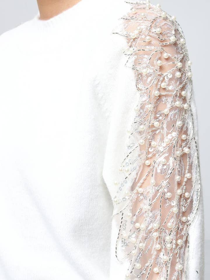 DIX-ONZE - Wholesale Knit Sweater - Women's - Soft Knit Sweater – Sequin & Pearl Details on Sleeves11