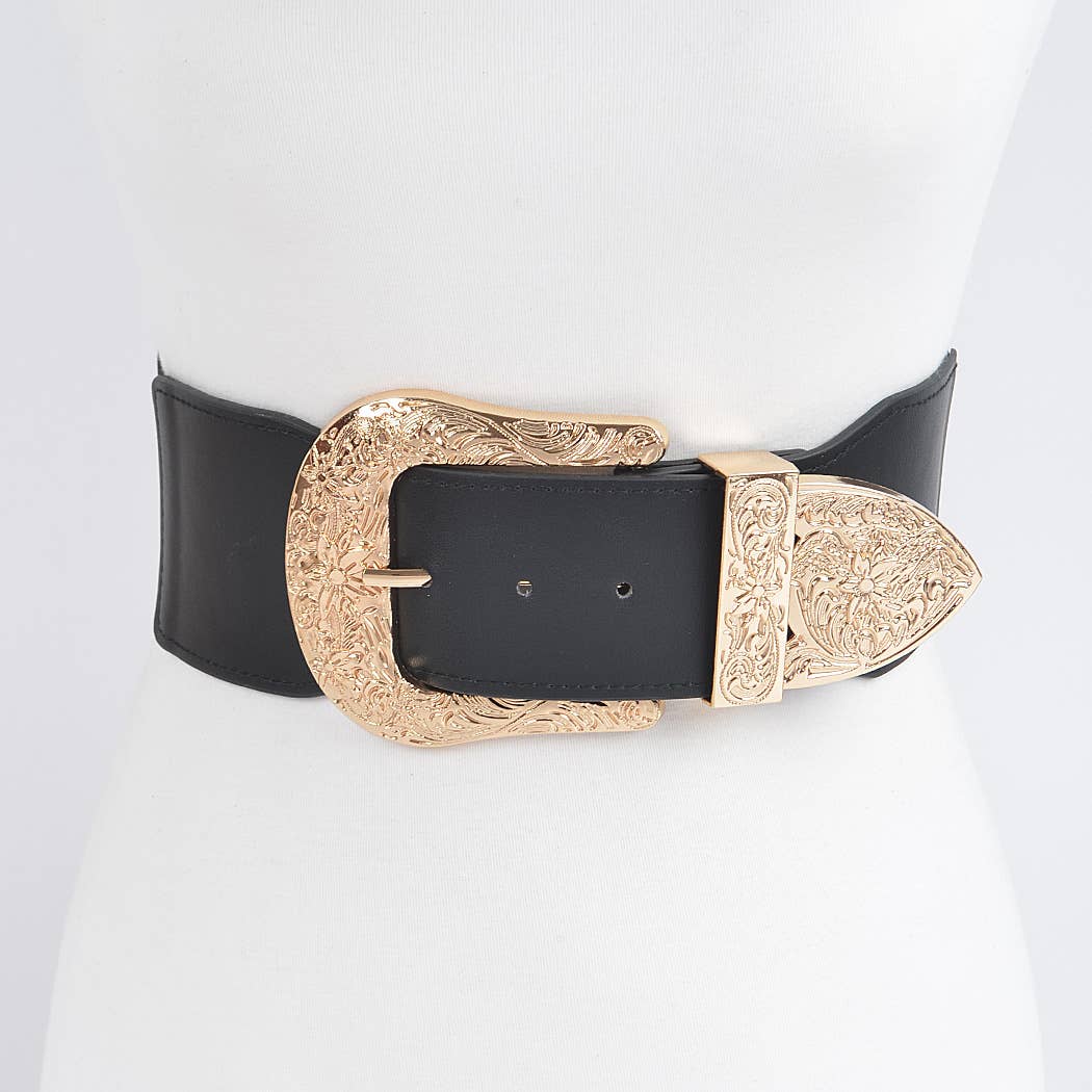 Black Gold Wide Multi Metal Plus Size Elastic Belt for wholesale on Faire0