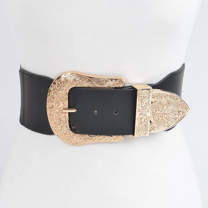 Black Gold Wide Multi Metal Plus Size Elastic Belt for wholesale on Faire0