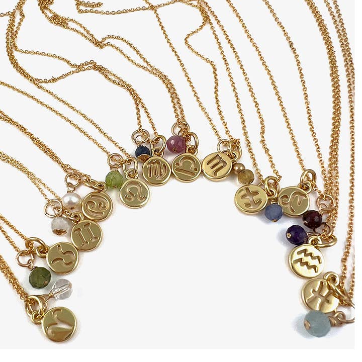 Delicate Gold Zodiac Birthstone Pendant Necklaces 16" for wholesale by Rebecca Cherry Jewelry Co.
