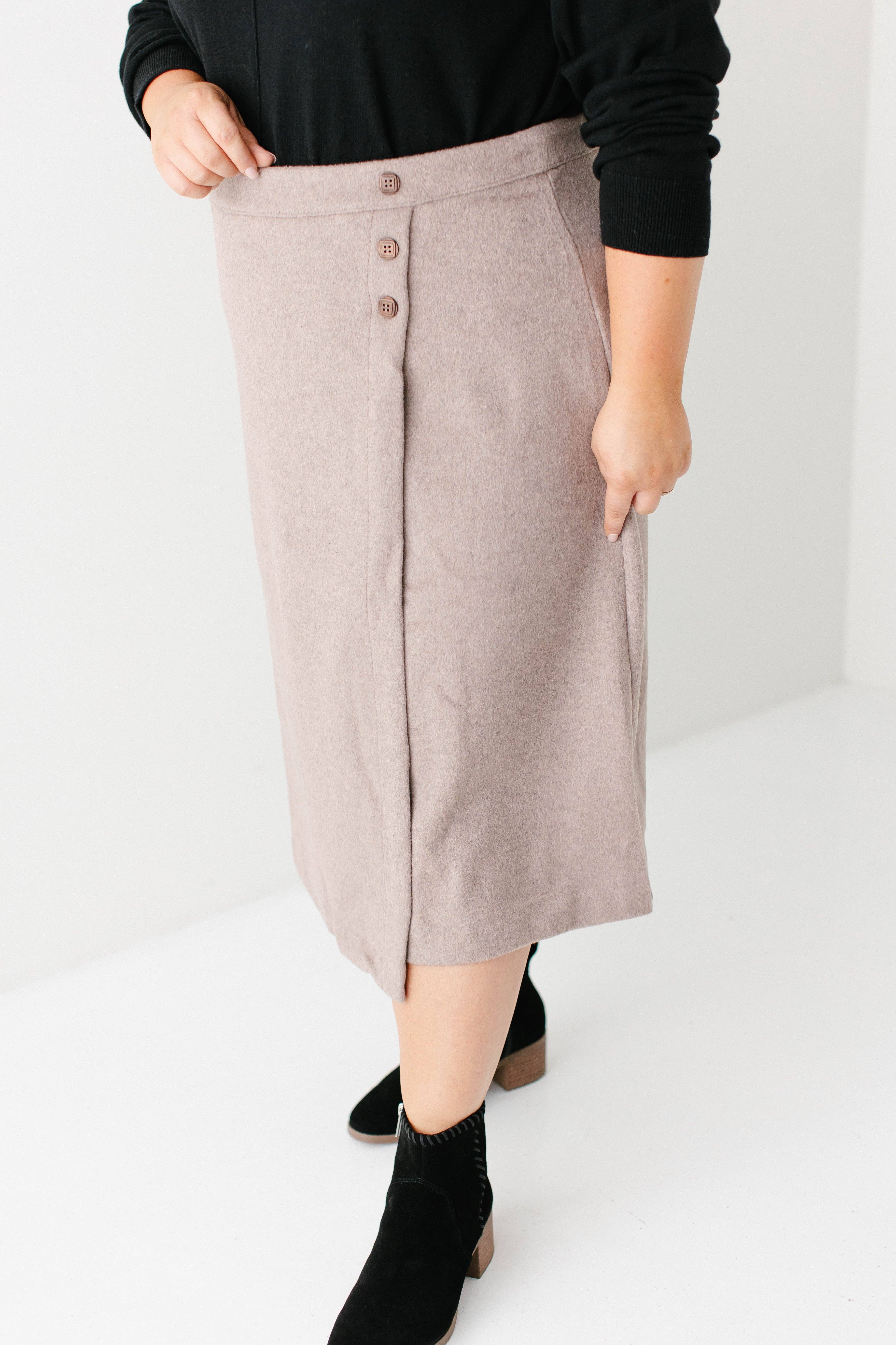 Warmes Taupe 'Charlotte' Wollmischung A-Linien-Rock ENDGÜLTIGER VERKAUF für den Großhandel auf Faire6