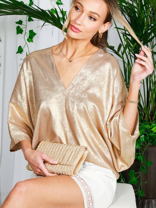 V-NECK DOLMAN SLEEVE FOIL TOP for wholesale by Pink Irene Wholesale