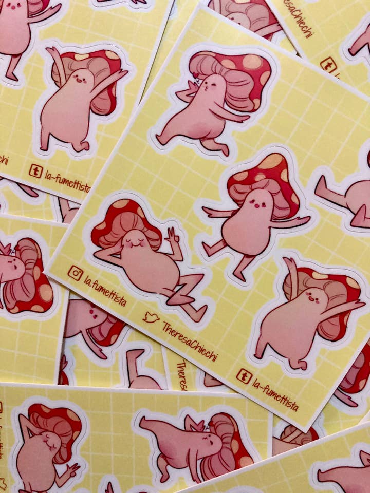 Folha de Autocolantes em Vinil Mate de Cogumelo Amigo Fofo e Feliz por atacado de La Fumettista