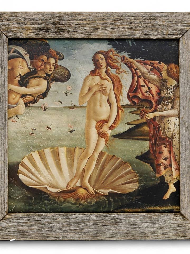 AFFRESCO: Baldosa de cerámica sobre marco de madera de granero recuperada envejecida, ópera «Opera El nacimiento de Venus» de Sandro Botticelli para venta al por mayor de SublimArt