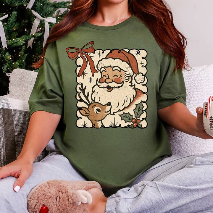 Rustic Santa & Reindeer DTF Heat Transfer for wholesale by Trendy Transfers