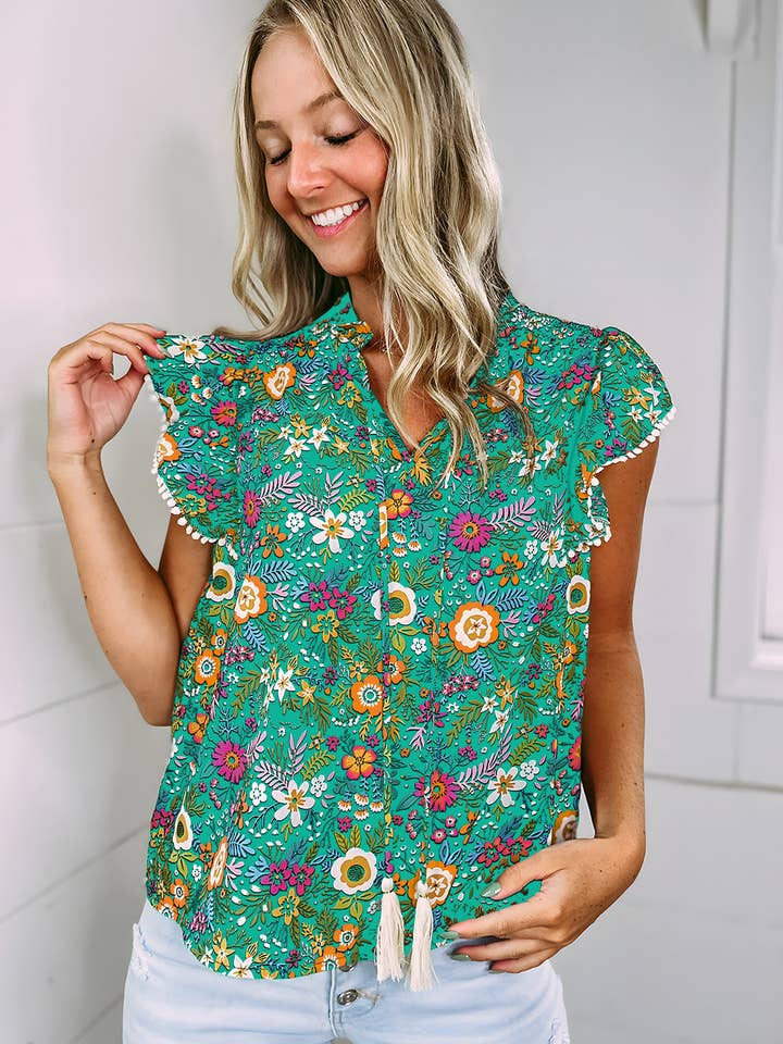Lovesoft - Wholesale Blouse - Women's - Women's Lace Trim Flutter Sleeve Tropical Floral Blouse