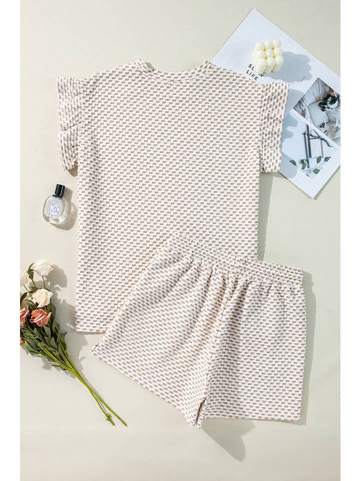 Beige Textured Ruffled Cap Sleeve Top Shorts Set for wholesale on Faire