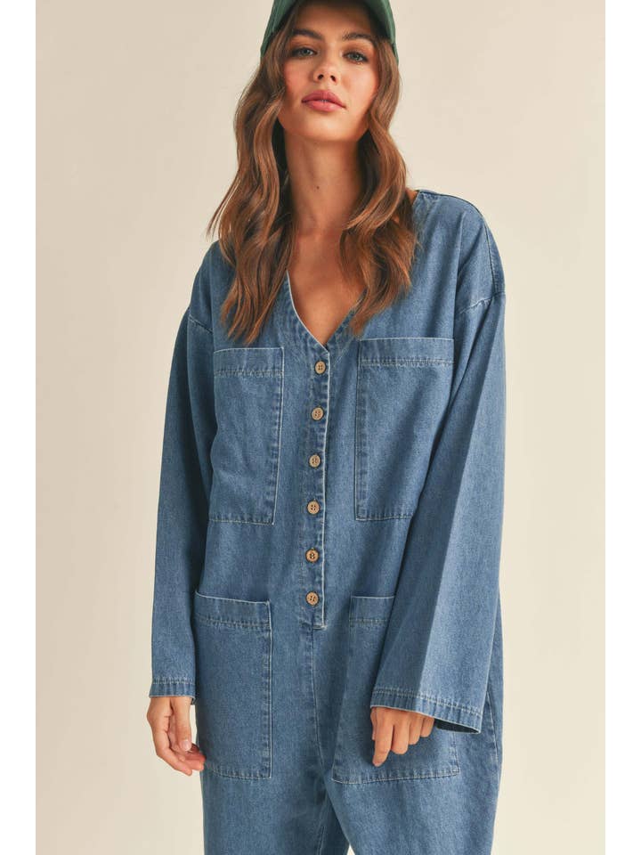 DENIM LAVÉ Combinaison en denim délavé à boutons en vente sur Faire3