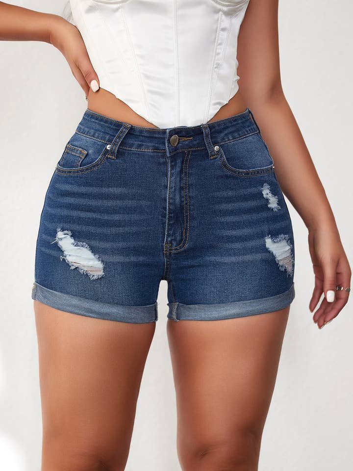 New fashion casual ripped denim cuffed shorts for wholesale by Rosa Clothing