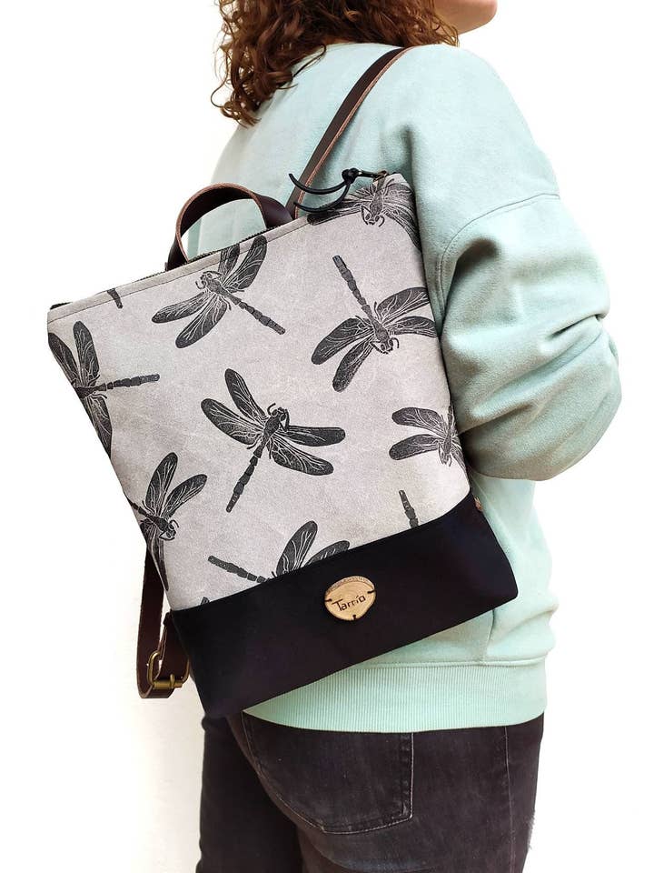 “Dragonflies” backpack in cotton canvas and leather. for wholesale by Made in Tarrío