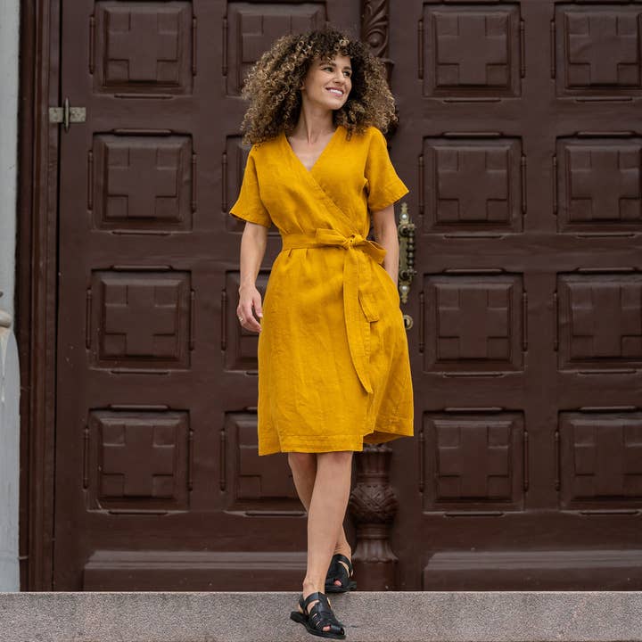 menique - Wholesale Dress – Women's - Natural Linen Wrap Dress Eliana - Midi Summer Beach Dress14