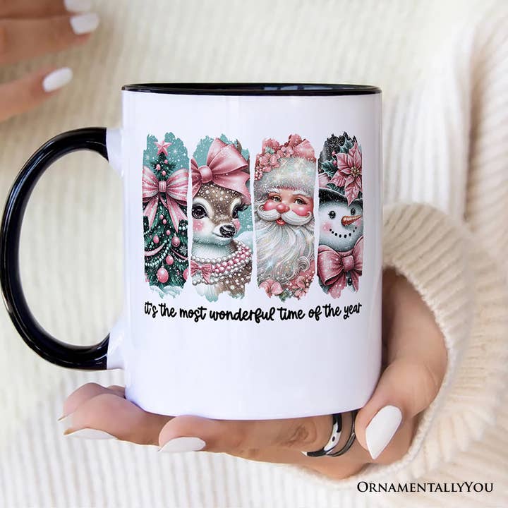 White Black Handle Coquette Pink Christmas Personalized Mug, Time Of The Year for wholesale on Faire3